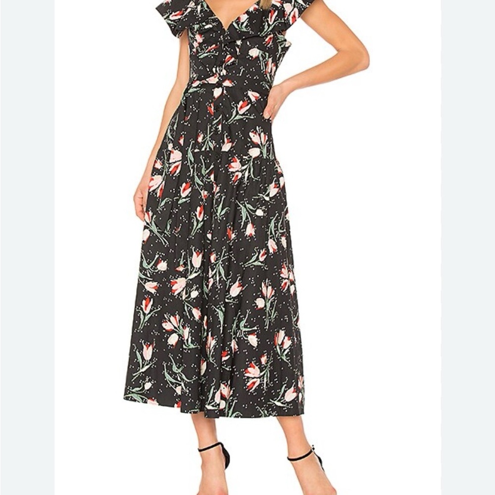 Rebecca Taylor Black Midi Wrap Dress with Floral Print